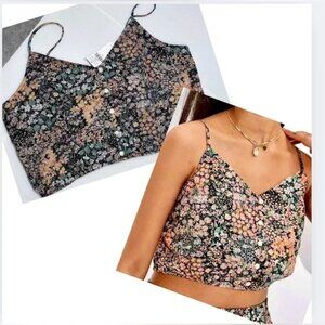 American Eagle Linen Crop‎ Tank NWT Women’s Large Floral Black Spaghetti Strap